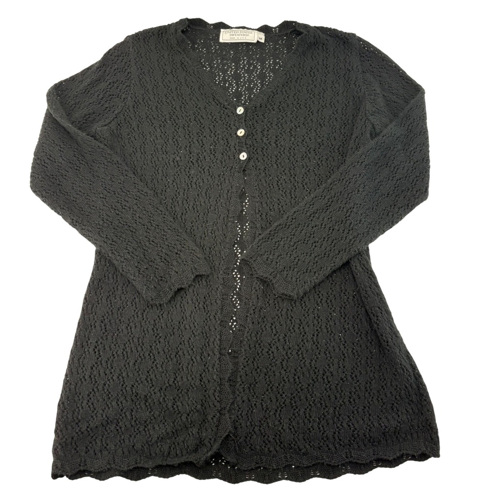 United States Sweaters Black Crochet Pointelle Knit Cardigan V-Neck Medium USA